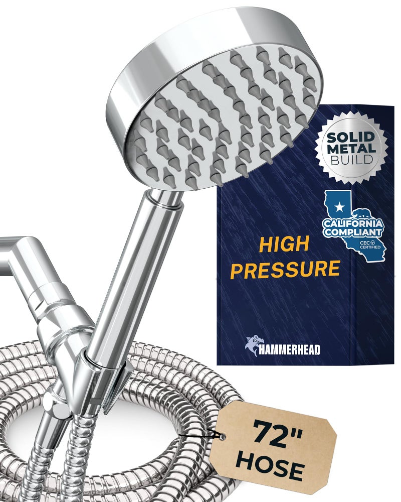 HammerHead ShowersÂ® Solid Metal LOW FLOW Handheld Shower Head with Hose and Brass Holder - CHROME â€“ Water Saving 1.75 GPM Detachable Shower Head - Adjustable Shower Wand Bracket & 6ft Hose - Image 1